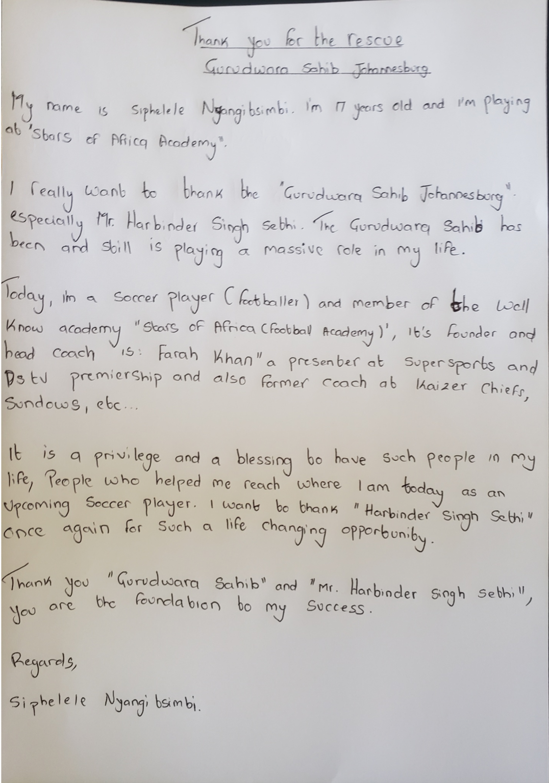 a handwritten letter from Siphelele addressed to Mr. Harbinder Singh Sethi